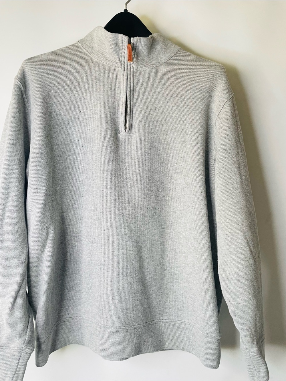 Lands' End Men's Light Gray Half-Zip Sweater Brown Leather Zipper